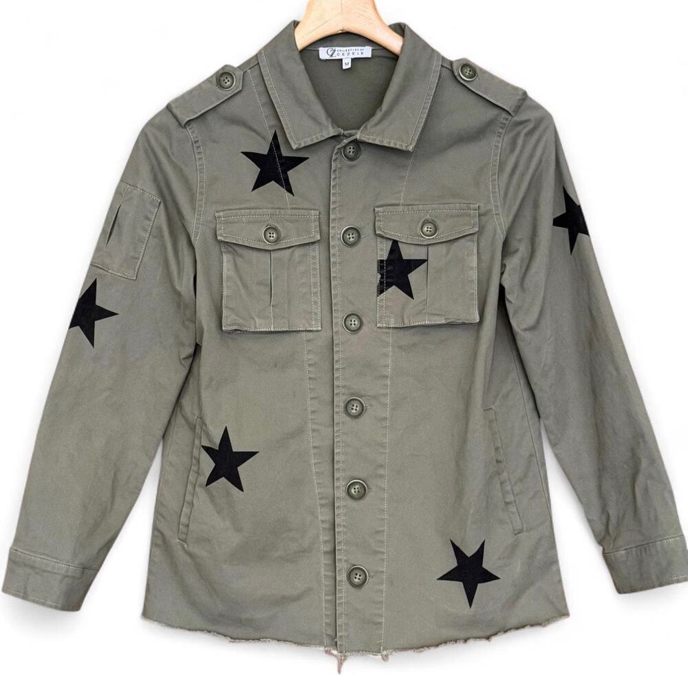 Cezele Olive Green Black Star Military Utility Jacket Size M - Picture 1 of 15